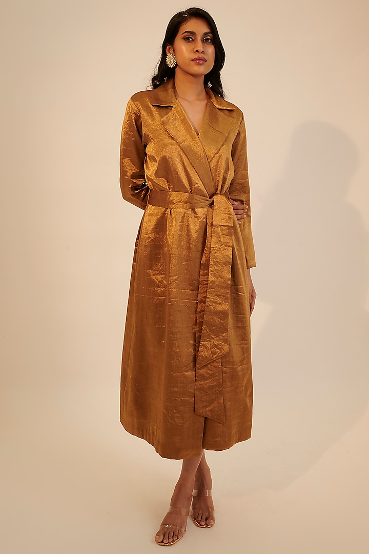 Gold Zari Tissue Trench Coat by Sheela Suthar Pret|Couture