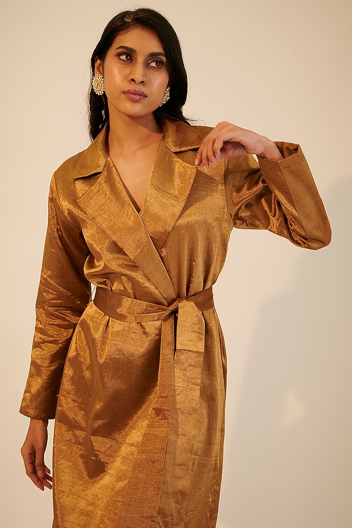 Gold Zari Tissue Trench Coat by Sheela Suthar at Pernia's Pop Up Shop