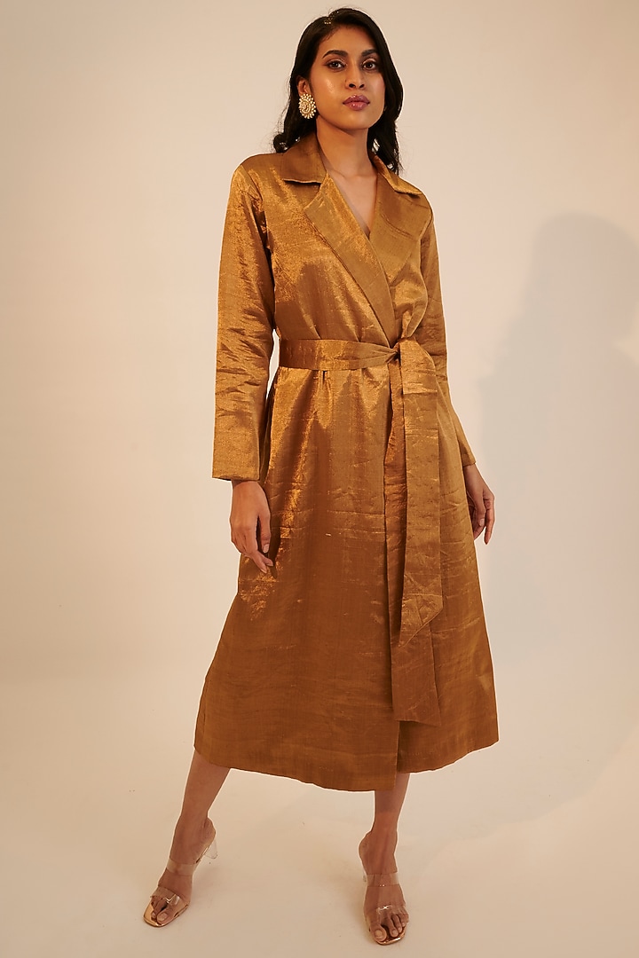 Gold Zari Tissue Trench Coat by Sheela Suthar at Pernia's Pop Up Shop