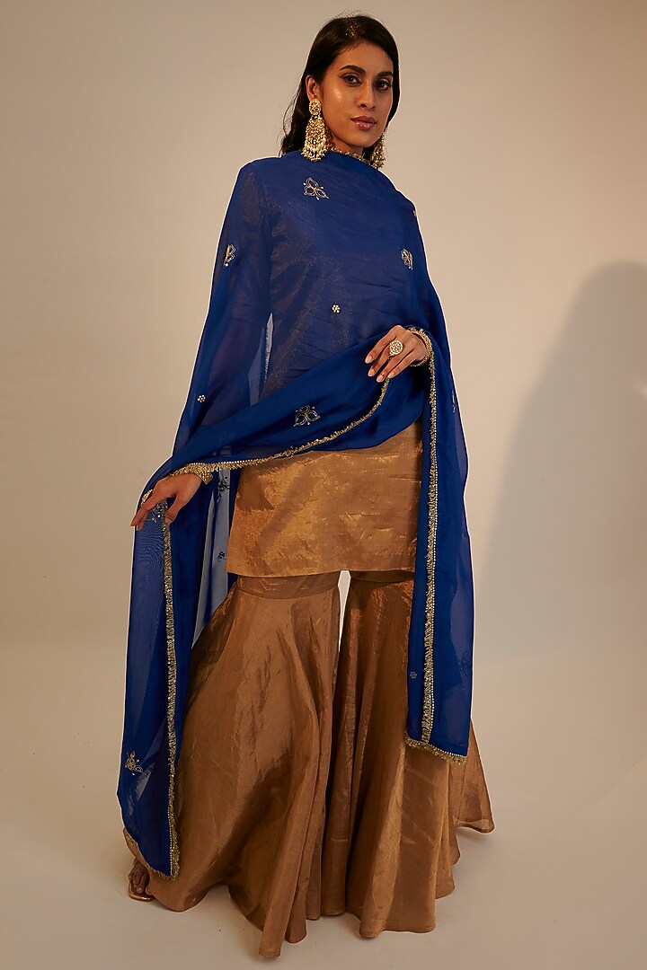 Gold Silk Cotton Gharara Set by Sheela Suthar at Pernia's Pop Up Shop