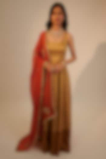 Gold Zari Tissue Anarkali Set by Sheela Suthar Pret|Couture