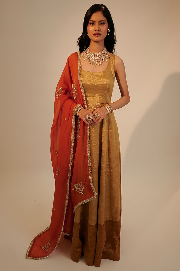 Gold Zari Tissue Anarkali Set by Sheela Suthar Pret|Couture