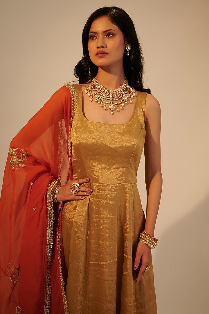 Gold Zari Tissue Wedding Anarkali Set by Sheela Suthar at Pernia's Pop Up Shop