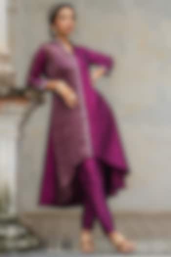 Purple Embroidered Asymmetrical Kurta Set by Sheela Suthar Pret|Couture