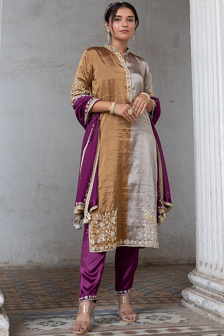 Dark Gold & Silver Embroidered Kurta Set by Sheela Suthar at Pernia's Pop Up Shop