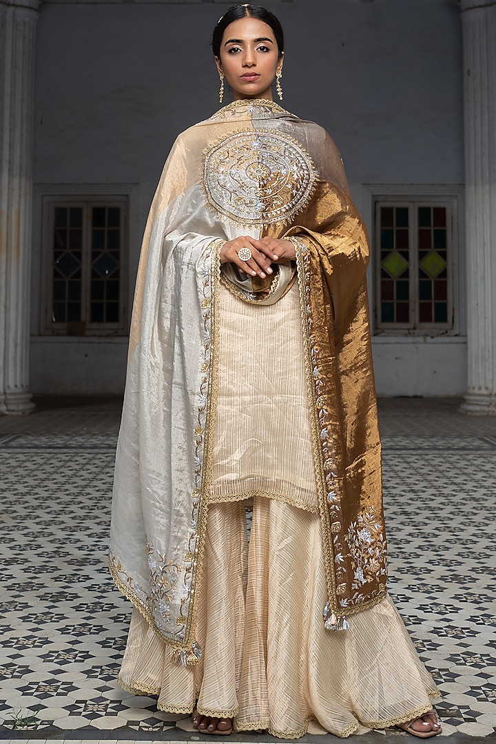 Ivory Chanderi Stripe Gharara Set by Sheela Suthar Pret|Couture