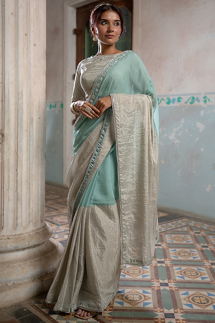 Mint Embroidered Saree Set by Sheela Suthar Pret|Couture