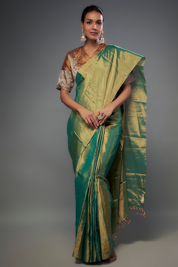 Green & Gold Handloom Zari Tissue Saree by Sheela Suthar Pret|Couture
