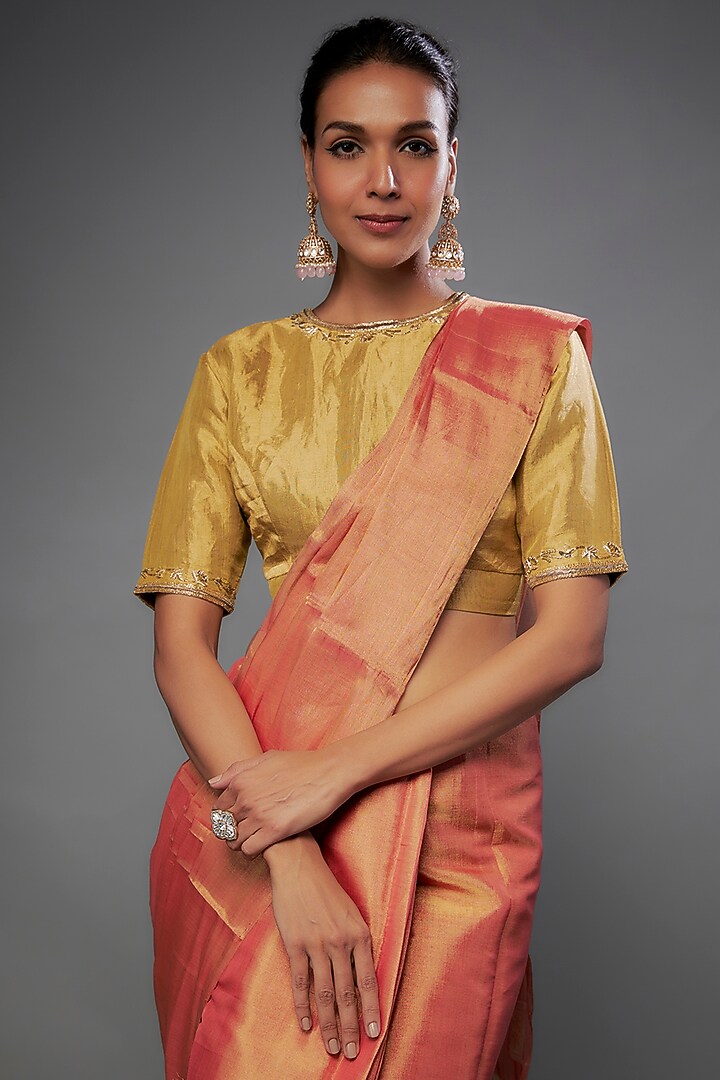 Gold Handloom Zari Tissue Embroidered Blouse by Sheela Suthar at Pernia's Pop Up Shop