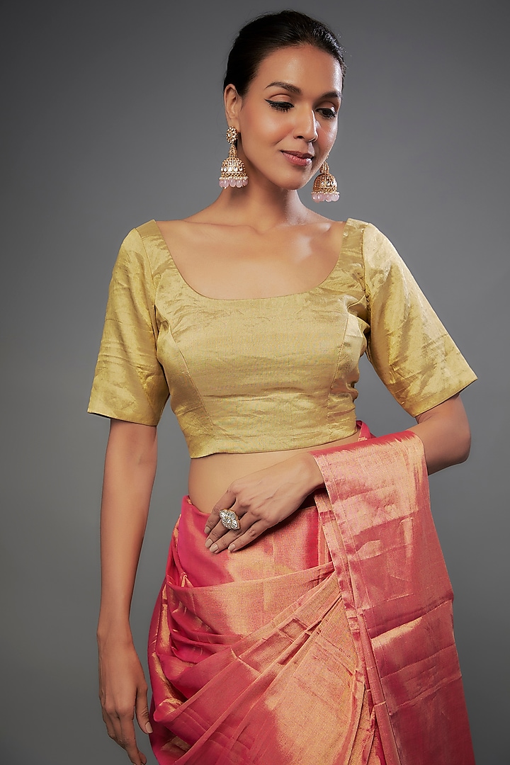 Gold Handloom Zari Tissue Embroidered Blouse by Sheela Suthar Pret|Couture