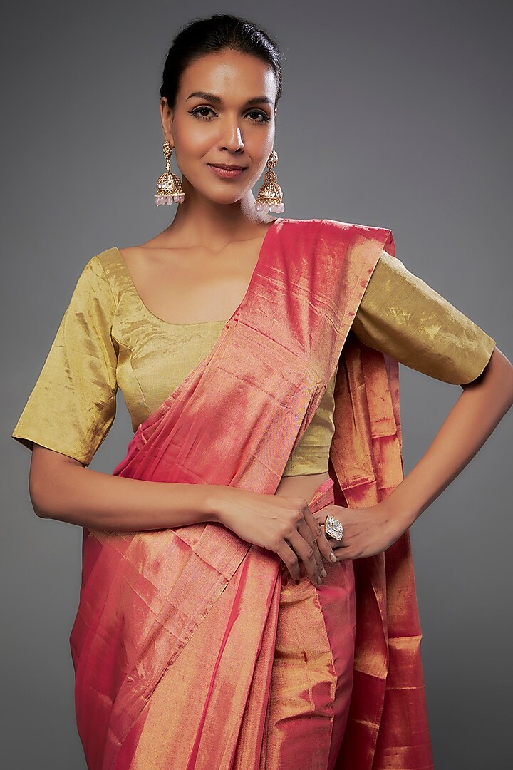 Gold Handloom Zari Tissue Embroidered Blouse by Sheela Suthar at Pernia's Pop Up Shop