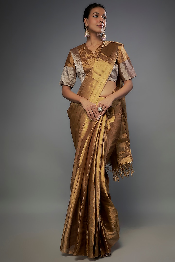 Dark Gold Handloom Zari Tissue Saree by Sheela Suthar Pret|Couture