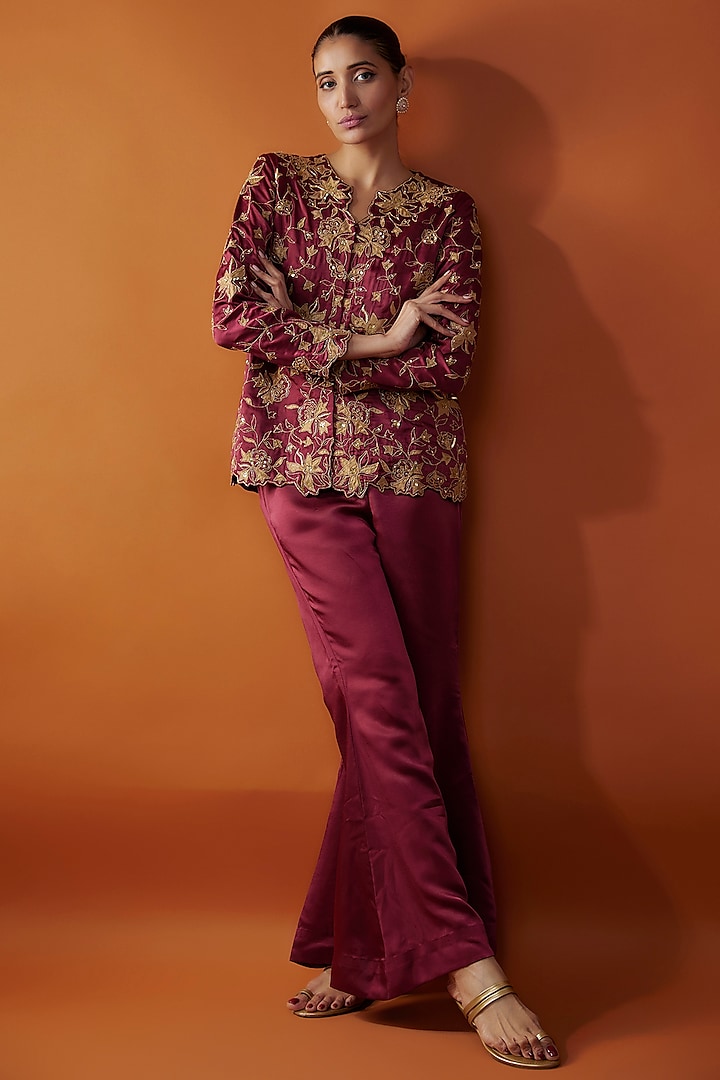 Ruby Wine Imported Satin Zardosi Embroidered Co-Ord Set by Sheela Suthar Pret|Couture