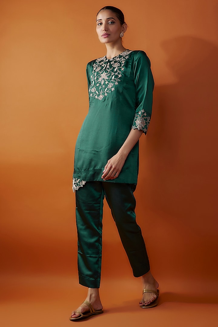 Green Imported Satin Zardosi Embroidered Co-Ord Set by Sheela Suthar Pret|Couture