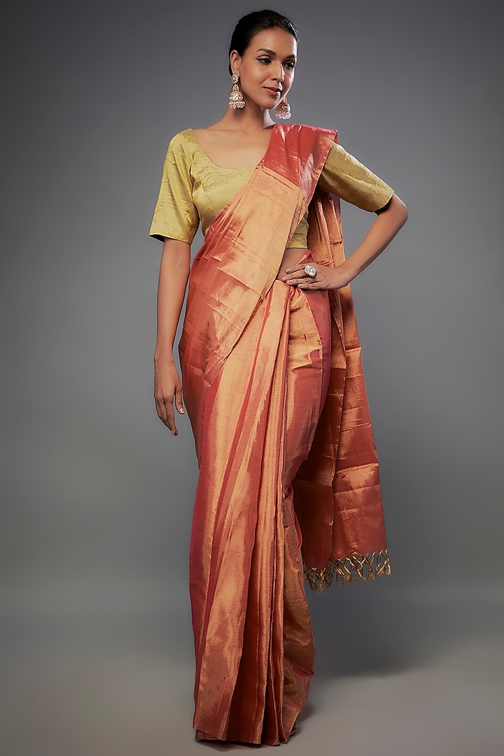 Pink & Gold Handloom Zari Tissue Saree by Sheela Suthar Pret|Couture