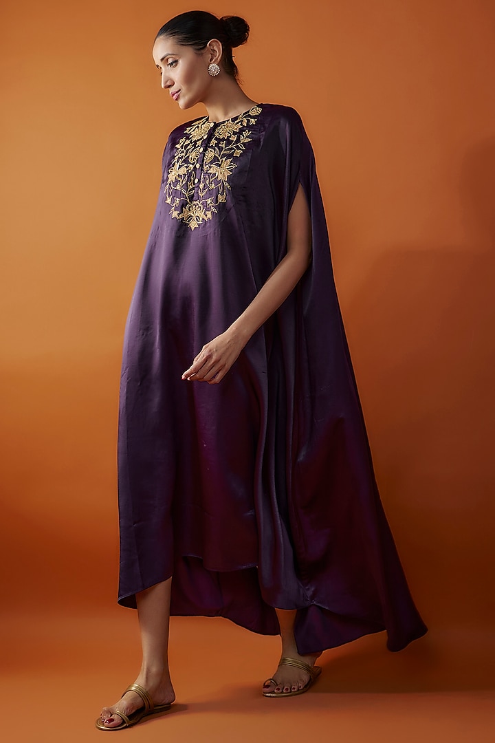 Purple Imported Satin Zardosi Embroidered Cape Dress by Sheela Suthar Pret|Couture