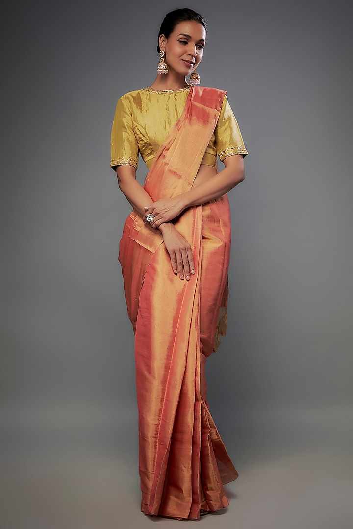 Peach & Gold Handloom Zari Tissue Saree by Sheela Suthar Pret|Couture