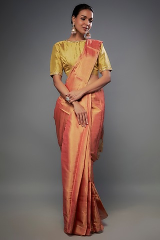 Peach & Gold Handloom Zari Tissue Saree by Sheela Suthar