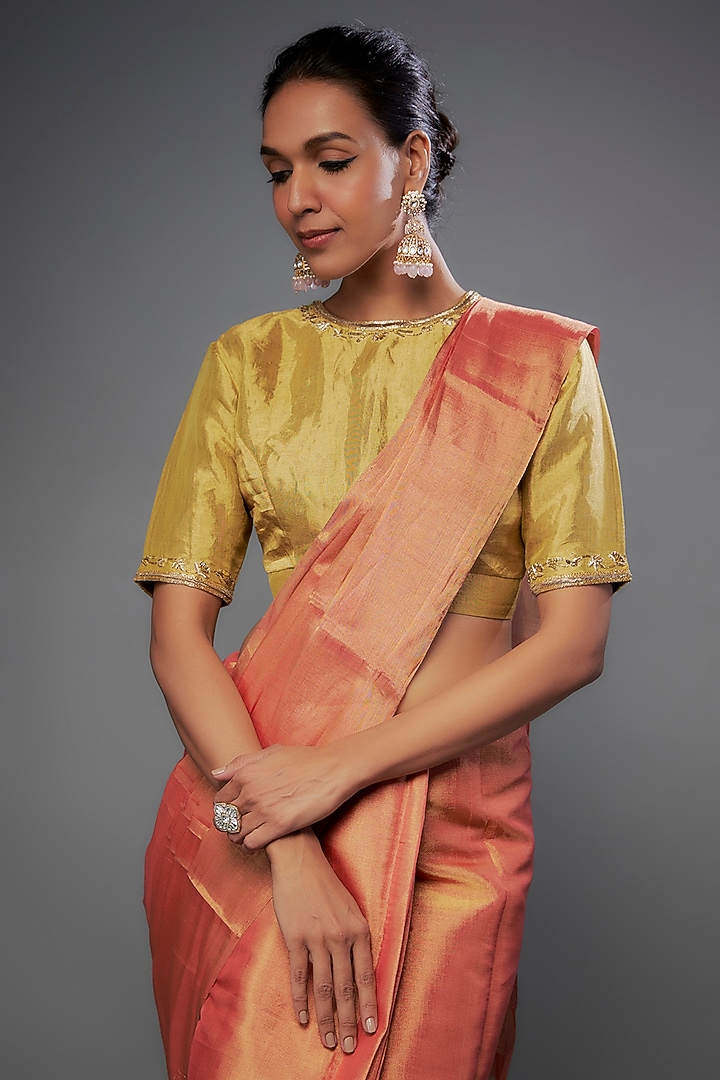 Peach & Gold Handloom Zari Tissue Party Wear Saree by Sheela Suthar at Pernia's Pop Up Shop
