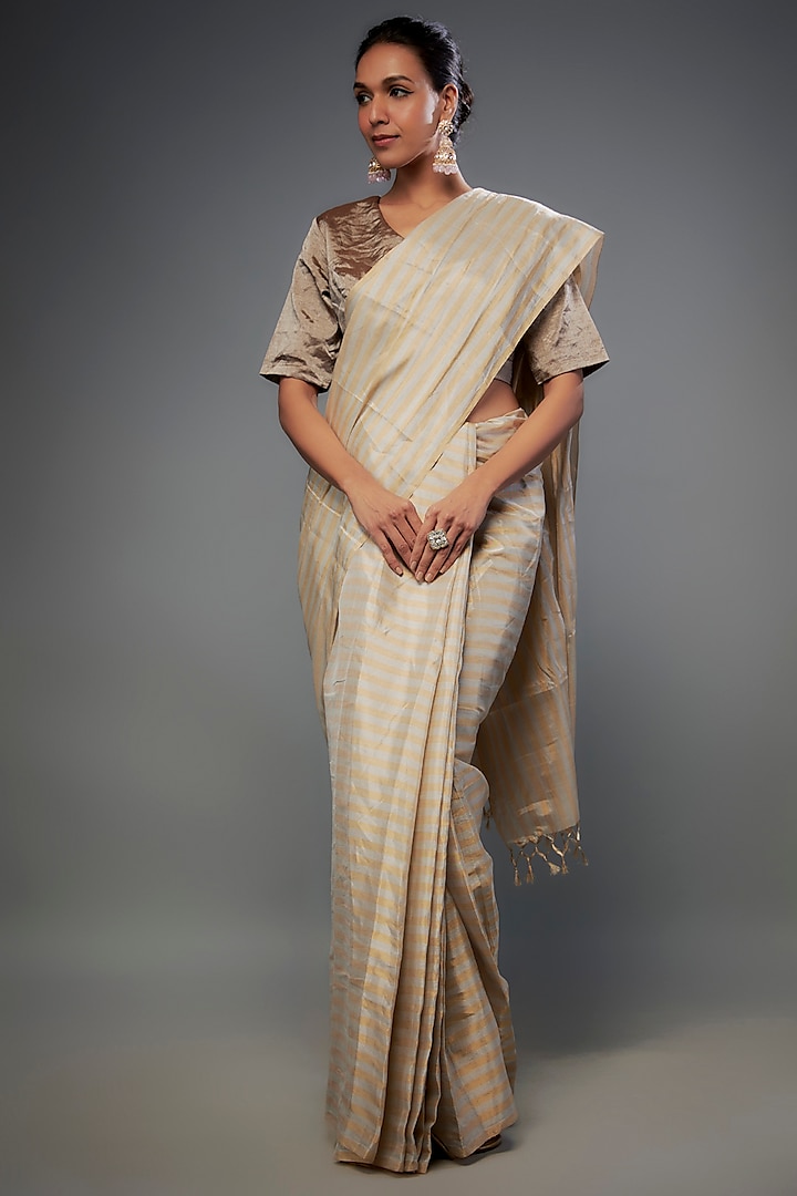Gold Handloom Zari Tissue Striped Saree by Sheela Suthar Pret|Couture