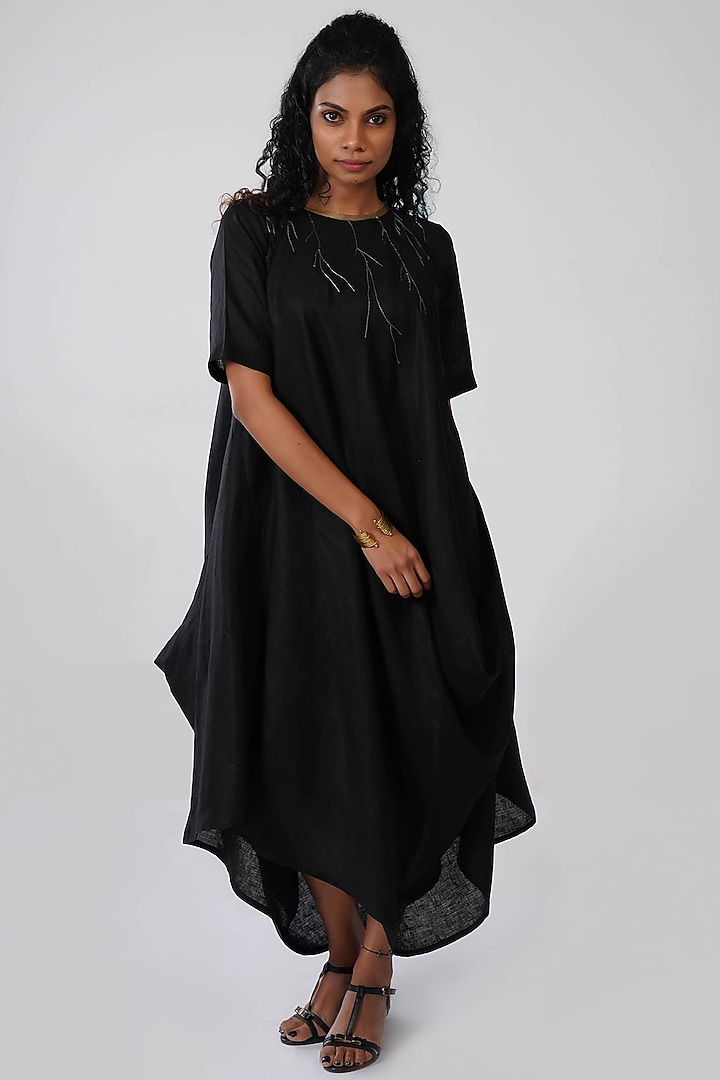 Black Cowl Summer Dress With Zari Topstitch by Sharath Sundar at Pernia's Pop Up Shop