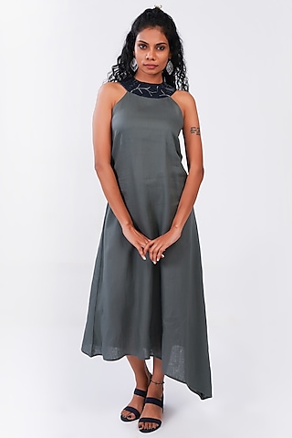 Grey & Green Dress With Zari Topstitch by Sharath Sundar