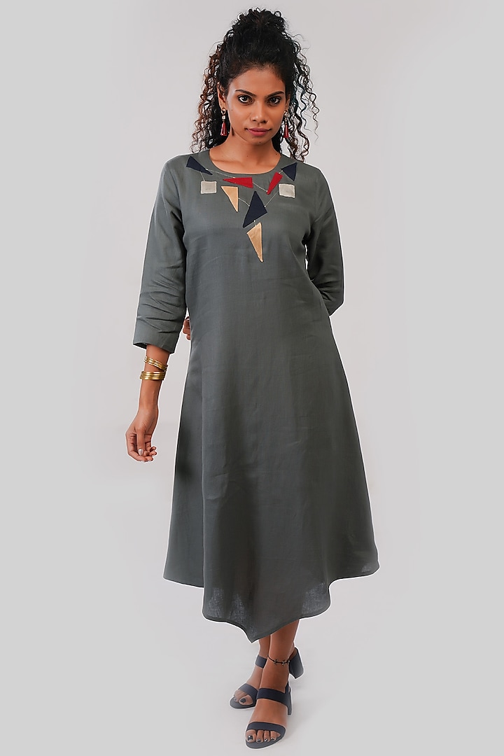 Grey & Green Appliques Embroidered Dress by Sharath Sundar