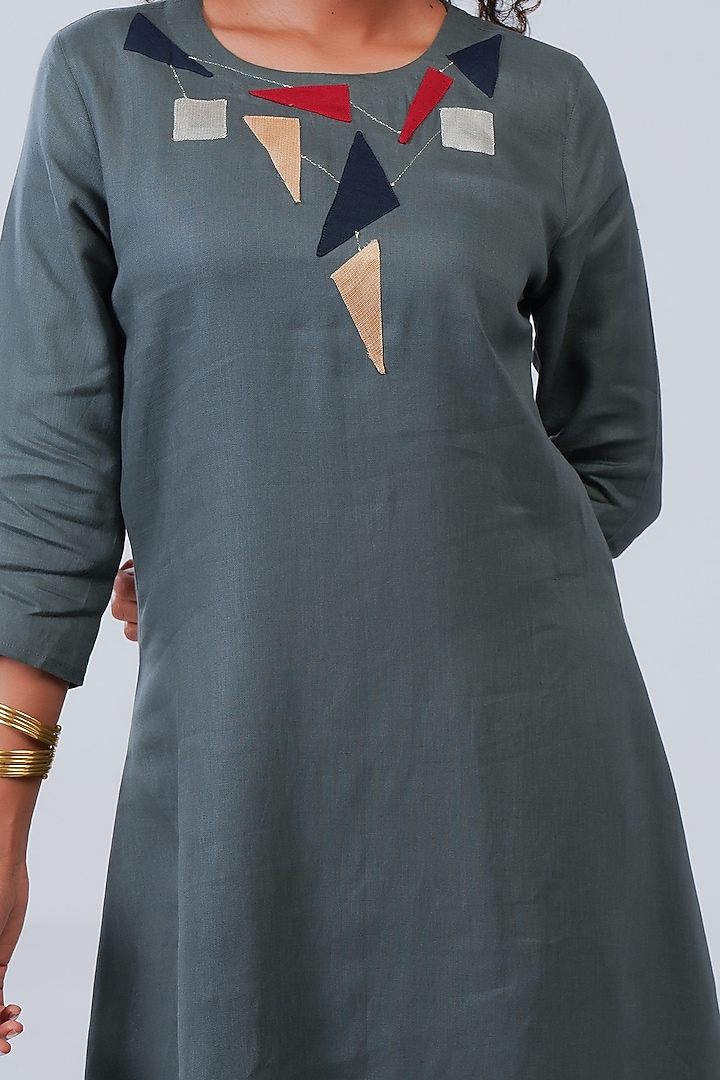 Grey & Green Appliques Embroidered Dress by Sharath Sundar at Pernia's Pop Up Shop