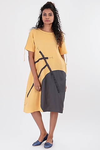 Dandelion Yellow Embroidered Dress With Ruffles by Sharath Sundar