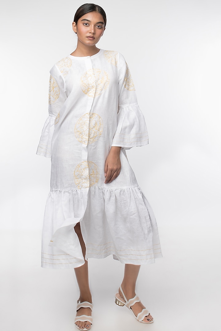 White Dress With Gathered Sleeves by Sharath Sundar