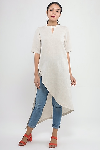 Beige Tunic With Asymmetric Hem by Sharath Sundar