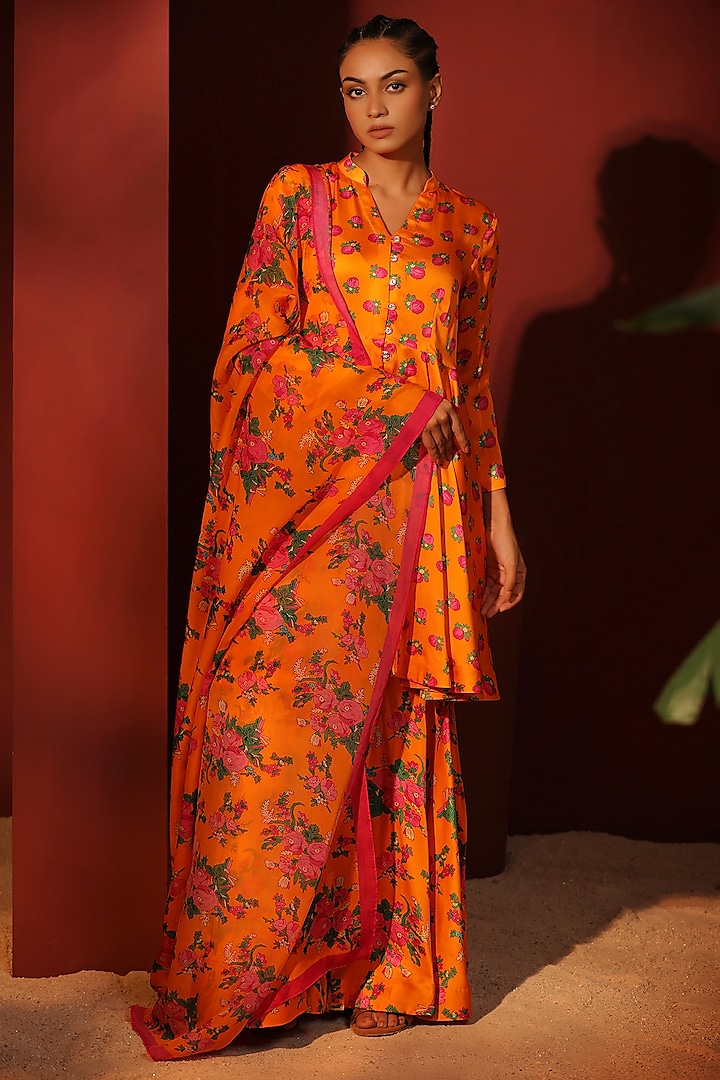 Orange Modal Satin Digital Printed Gharara Set by Shetab Kazmi