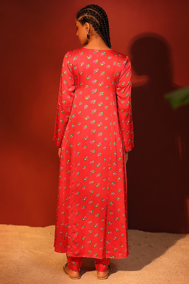 Red Modal Satin Digital Printed Angrakha Kurta Set by Shetab Kazmi at Pernia's Pop Up Shop
