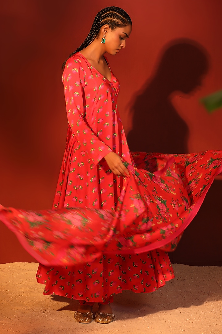Red Modal Satin Digital Printed Angrakha Kurta Set by Shetab Kazmi at Pernia's Pop Up Shop