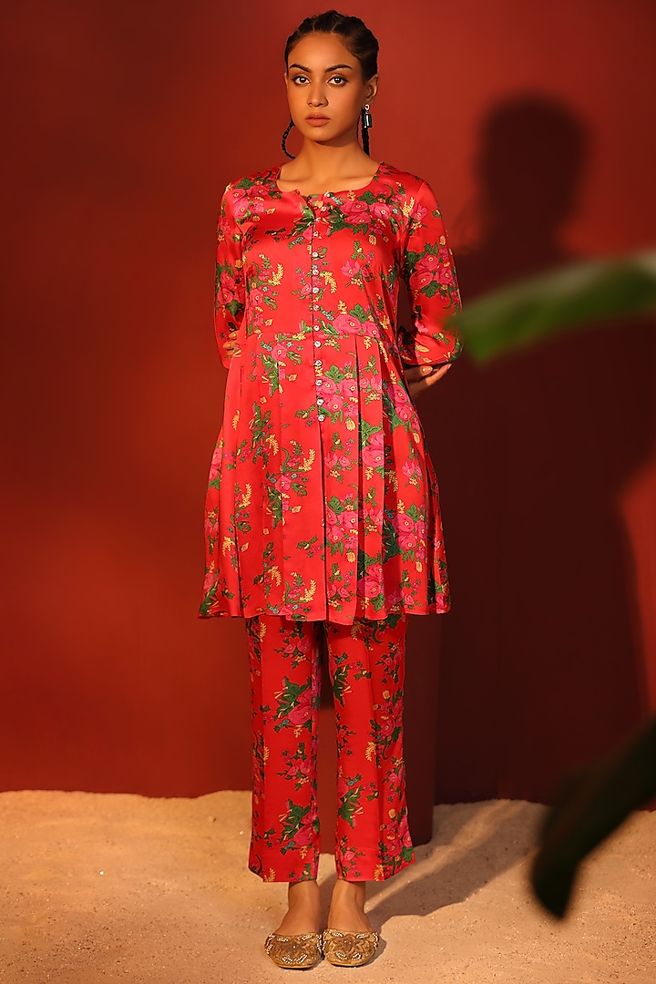 Red Modal Satin Digital Printed Pant Set by Shetab Kazmi
