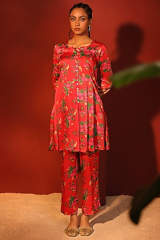 Red Modal Satin Digital Printed Pant Set by Shetab Kazmi