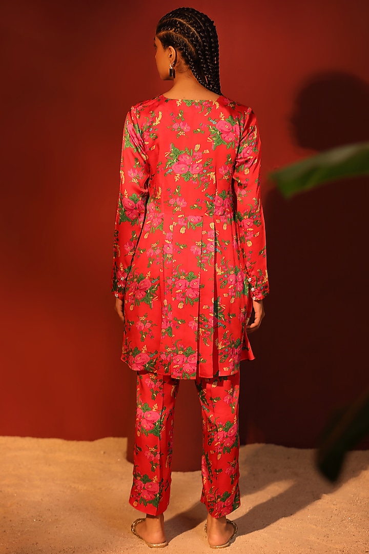 Red Modal Satin Digital Printed Pant Set by Shetab Kazmi at Pernia's Pop Up Shop