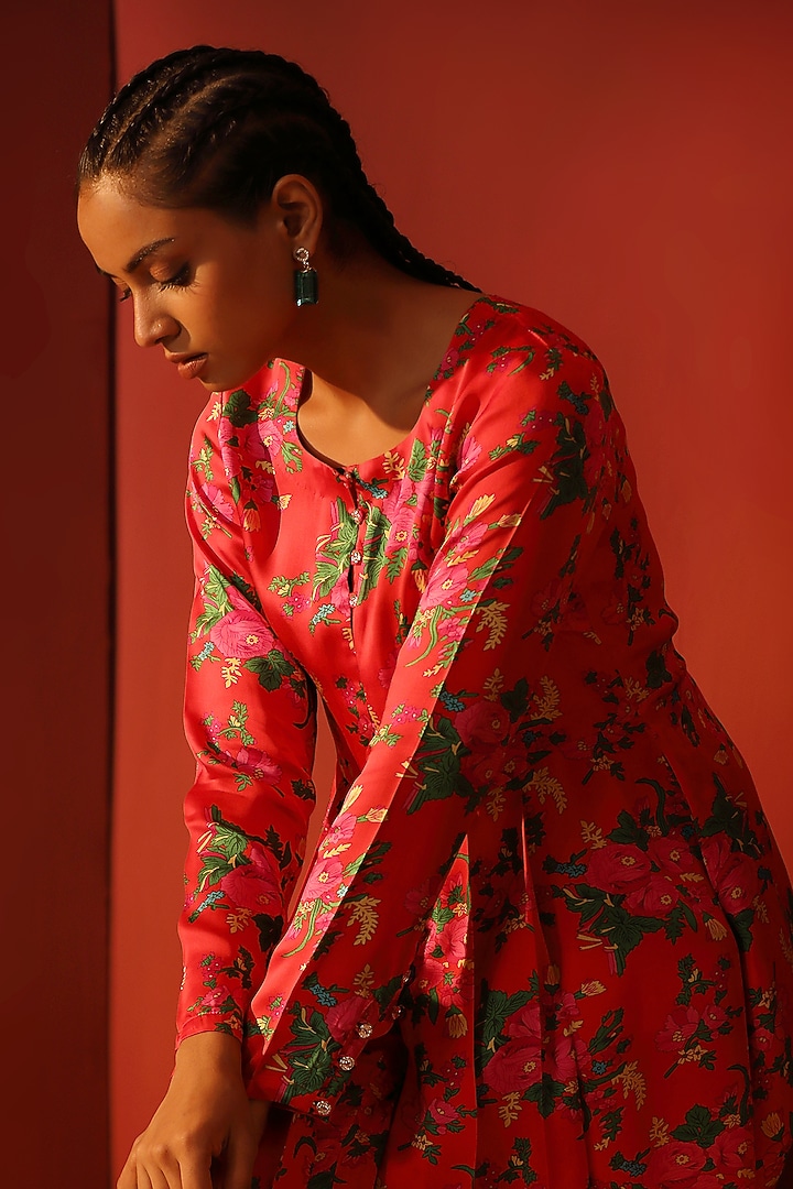 Red Modal Satin Digital Printed Pant Set by Shetab Kazmi at Pernia's Pop Up Shop