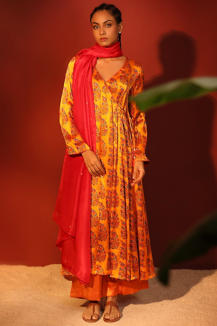 Orange Pure Satin Hand Block Printed & Embroidered Angrakha Kurta Set by Shetab Kazmi