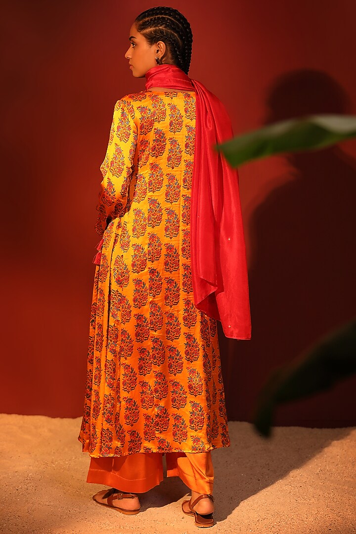 Orange Pure Satin Hand Block Printed & Embroidered Angrakha Kurta Set by Shetab Kazmi at Pernia's Pop Up Shop