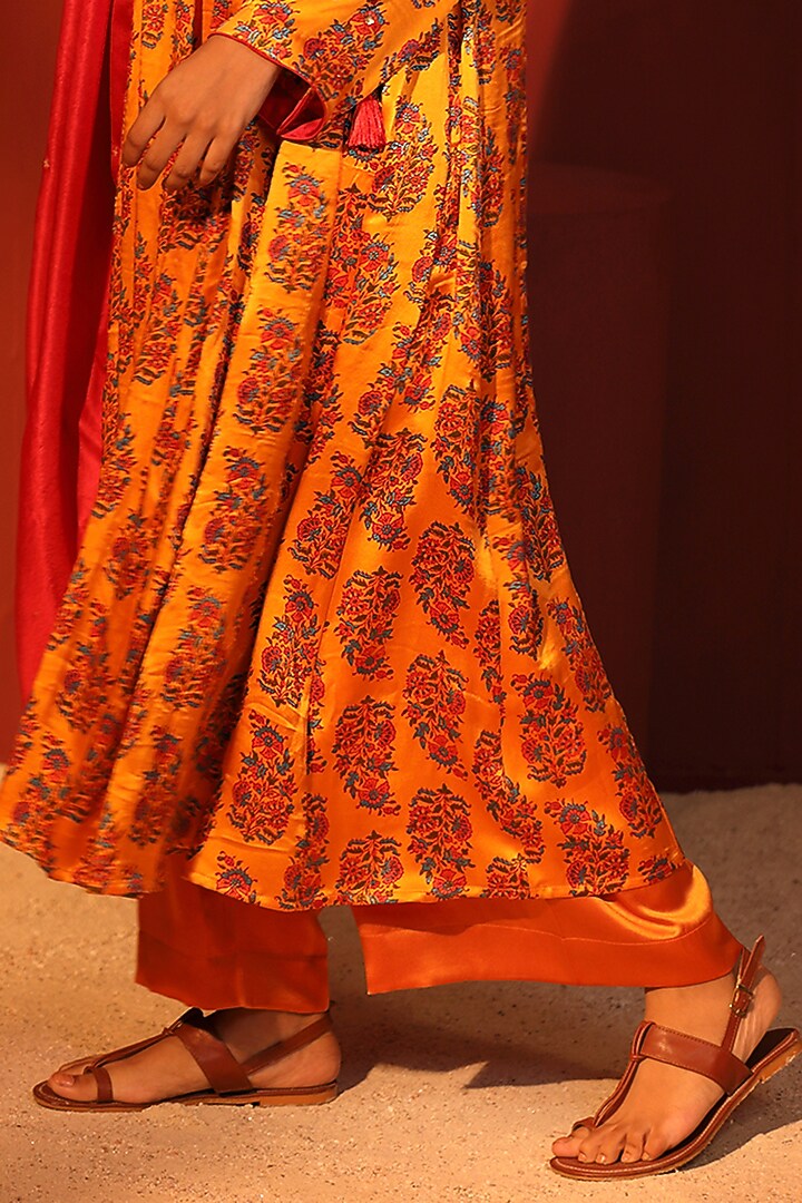 Orange Pure Satin Hand Block Printed & Embroidered Angrakha Kurta Set by Shetab Kazmi at Pernia's Pop Up Shop