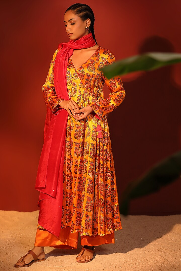 Orange Pure Satin Hand Block Printed & Embroidered Angrakha Kurta Set by Shetab Kazmi at Pernia's Pop Up Shop
