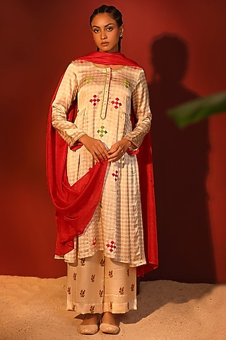 Cream Pure Satin Hand Block Printed & Embroidered Tunic Set by Shetab Kazmi