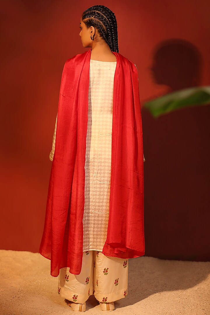 Cream Pure Satin Hand Block Printed & Embroidered Tunic Set by Shetab Kazmi at Pernia's Pop Up Shop