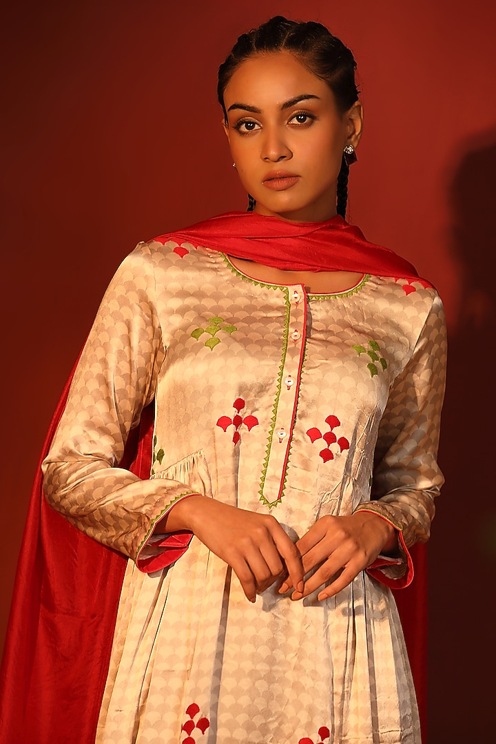 Cream Pure Satin Hand Block Printed & Embroidered Tunic Set by Shetab Kazmi at Pernia's Pop Up Shop