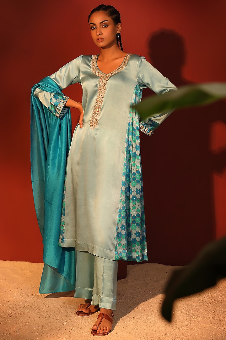 Blue Pure Satin Hand Block Printed & Embroidered Tunic Set by Shetab Kazmi