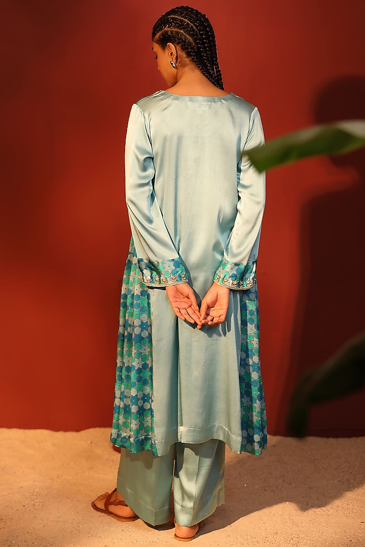 Blue Pure Satin Hand Block Printed & Embroidered Tunic Set by Shetab Kazmi at Pernia's Pop Up Shop