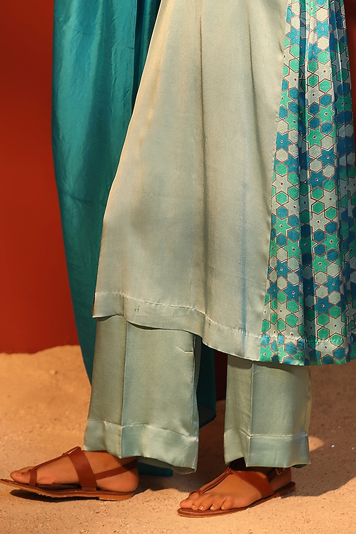 Blue Pure Satin Hand Block Printed & Embroidered Tunic Set by Shetab Kazmi at Pernia's Pop Up Shop