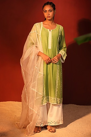 Lime Green Mul Chanderi Embroidered Kurta Set by Shetab Kazmi