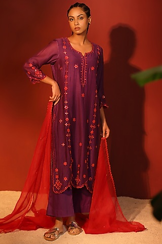 Purple Mul Chanderi Hand Embroidered A-Line Kurta Set by Shetab Kazmi